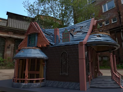 Cartoon Style House With Blue Tiled Roof Red Walls And Arched Windows Near Old Buildings And Trees 3d model