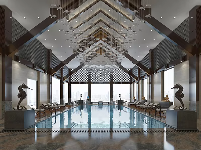 Elegant Indoor Swimming Pool Interior With Hanging Chandeliers Lounge Chairs And Large Windows 3d model