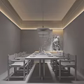 Japanese Restaurant Interior With Wooden Ceiling Long Table Hanging Lights And Green Plants