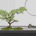 Stylish Garden Ornament Featuring Styled Pine Tree Rocks White Pebbles And Vertical Striped Wall