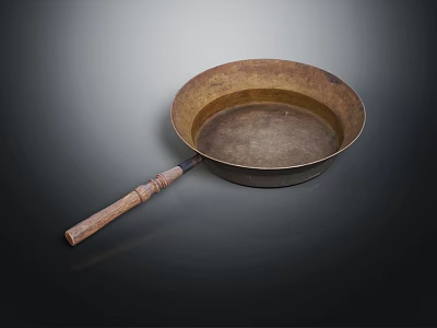 Vintage Brass Frying Pan With Wooden Handle For Daily Household Use 3d model
