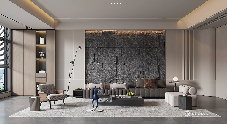 Modern Elegant Living Room Interior Design With Textured Stone Accent Wall And Comfortable Sofa Sets 3d model 