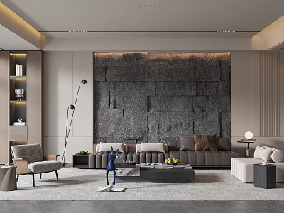 Modern Elegant Living Room Interior Design With Textured Stone Accent Wall And Comfortable Sofa Sets 3d model