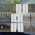 Building Exterior Wall Featuring White Slats Dark Metal Grilles And Green Trees