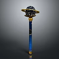 Decorative Scepter With Black Spherical Top Golden Ring And Blue Shaft Design