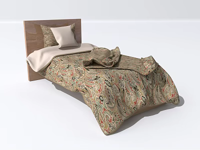 Cozy Single Bed With Wooden Headboard Two Pillows And Patterned Quilt 3d model