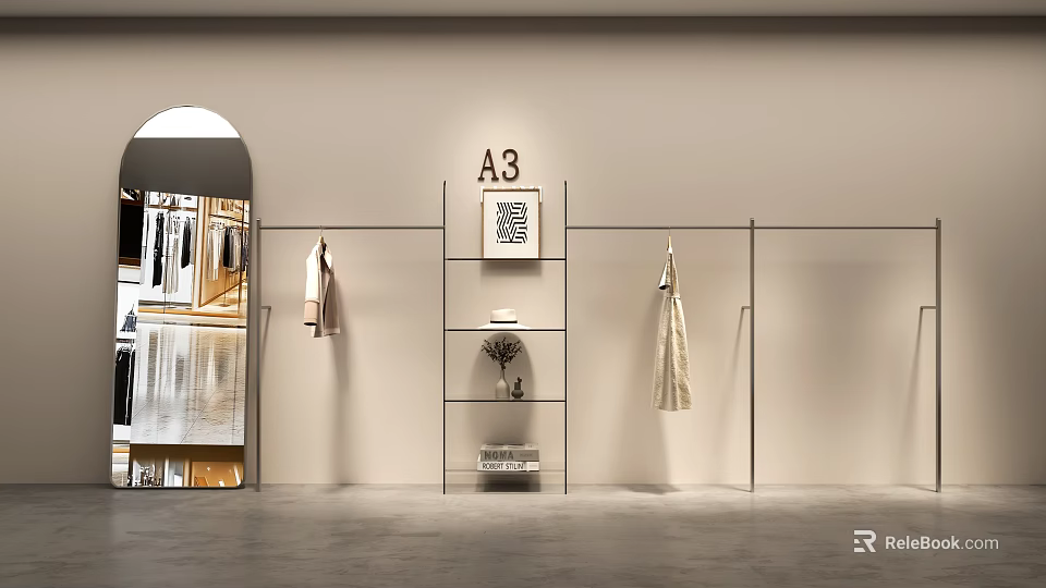 Modern Clothing Store Interior With Clothing Racks Display Shelves And Hanging Clothes 3d model 