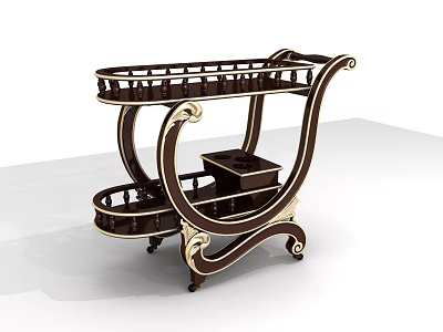 Elegant Decorative Trolley With Curved Wooden Frame Carved Details And Wheels 3d model