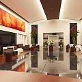 Luxurious Lobby Reception Desk With Orange Red Paintings Sofa Seating And Marble Flooring