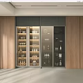 Modern Wine Cabinet With Glass Doors And Wooden Walls Featuring Wine Glasses Decorative Items
