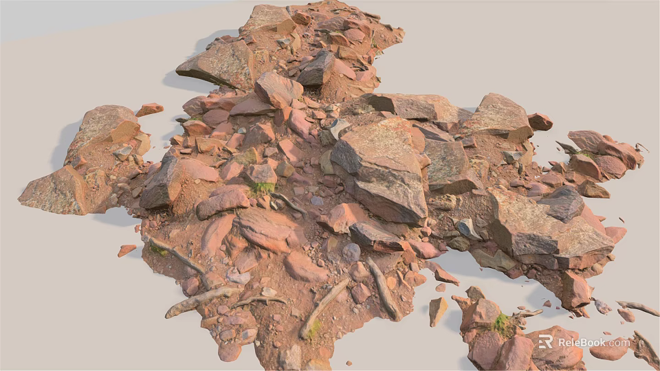 Red Rocks With Various Sizes Shapes And Green Moss Natural Formation 3d model 