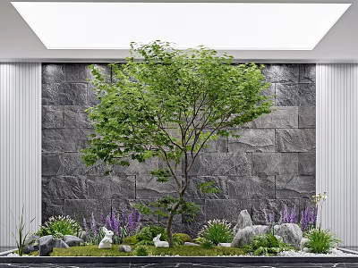 Tranquil Indoor Landscape With Large Tree Textured Stone Wall And Green Plants 3d model