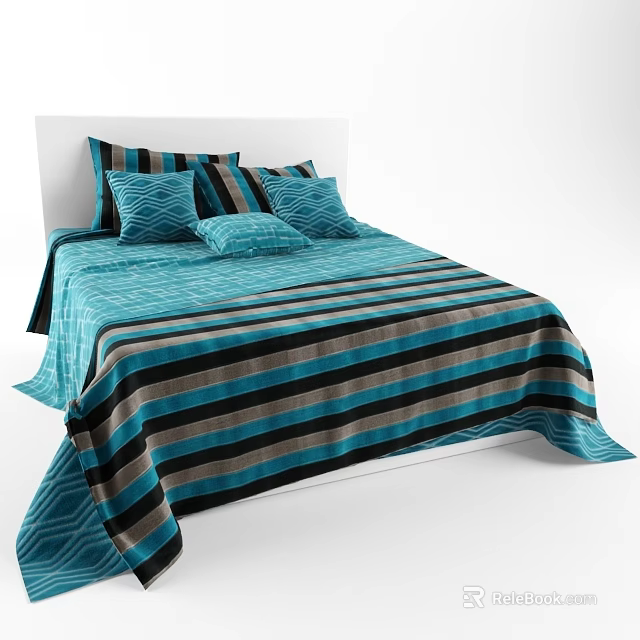 Double Bed With Blue And Black Striped Bedspread And Decorative Pillows 3d model