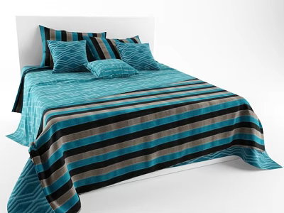 Double Bed With Blue And Black Striped Bedspread And Decorative Pillows 3d model