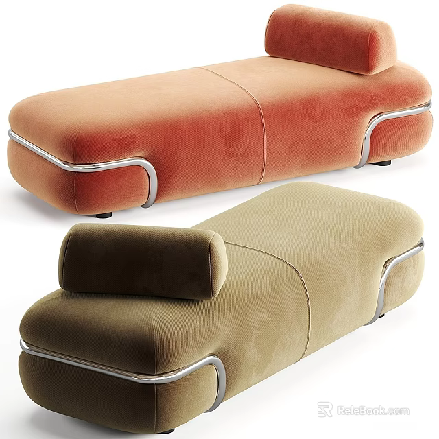 Modern Velvet Sofa Stools In Orange And Beige With Silver Metal Frames 3d model 