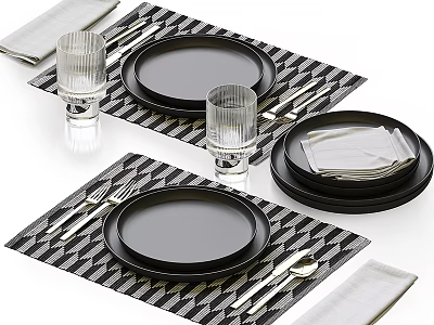 Elegant Tableware Set With Black Plates Utensils Napkins Glass Cups And Geometric Placemats 3d model