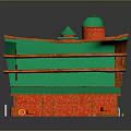 Cartoon Barn Scene With Red Walls Green Roof Chimney Wooden Doors And Green Grass