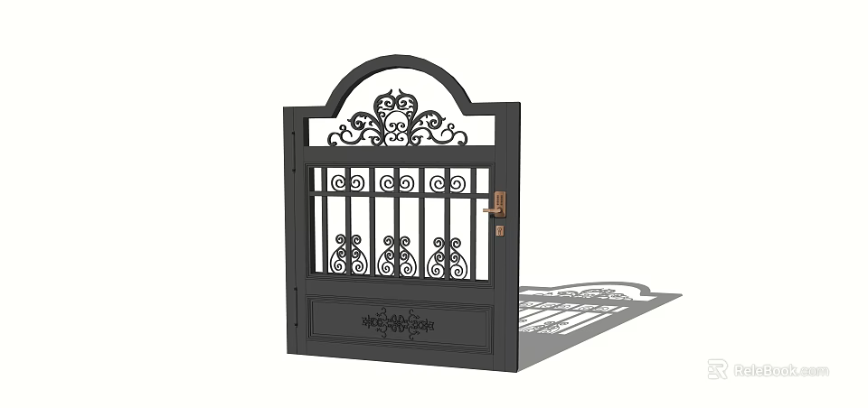 Wrought Iron Entrance Gate With Arched Top Ornate Patterns And Brass Handle 3d model 