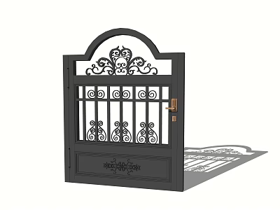 Wrought Iron Entrance Gate With Arched Top Ornate Patterns And Brass Handle 3d model