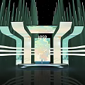Stage With LOGO Landscape Projection Person Curved Structures And Lighting