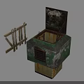 Old Rusted Green Metal Building Structure With Open Lid And Broken Wooden Fence Gate
