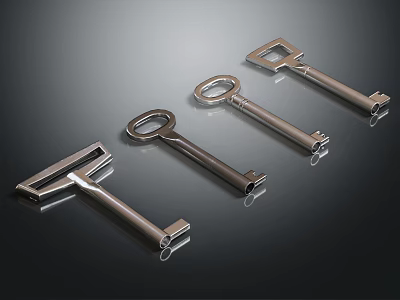 Four Different Designed Metallic Shiny Jewelry Keys on Dark Gradient Background 3d model