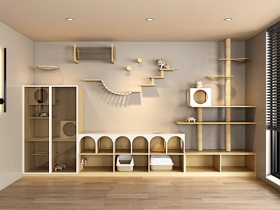 Modern Minimalist Cat Room Interior Design With Wooden Shelves Climbing Tree And Beds 3d model