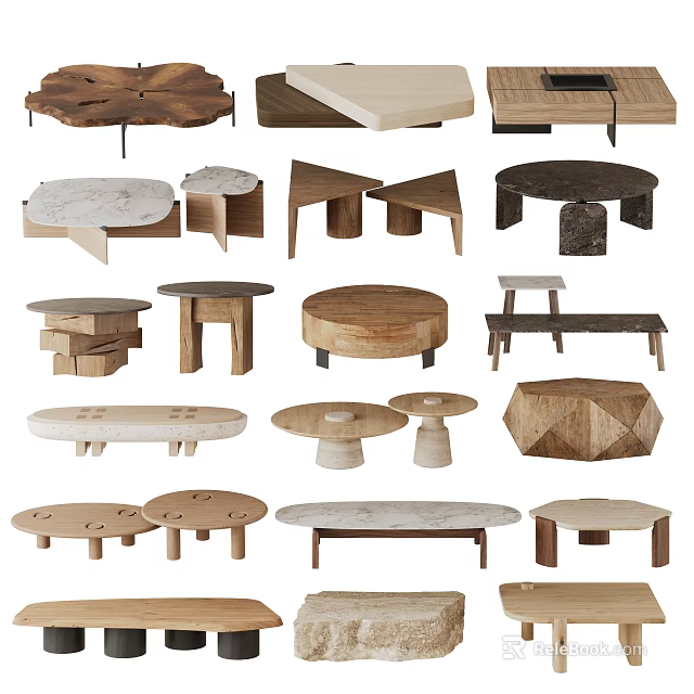 Diverse Modern Coffee Tables with Wooden Marble Surfaces and Geometric Designs in Various Shapes 3d model 