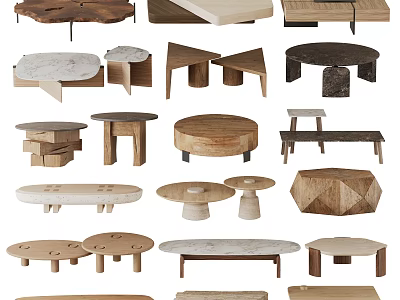 Diverse Modern Coffee Tables with Wooden Marble Surfaces and Geometric Designs in Various Shapes 3d model