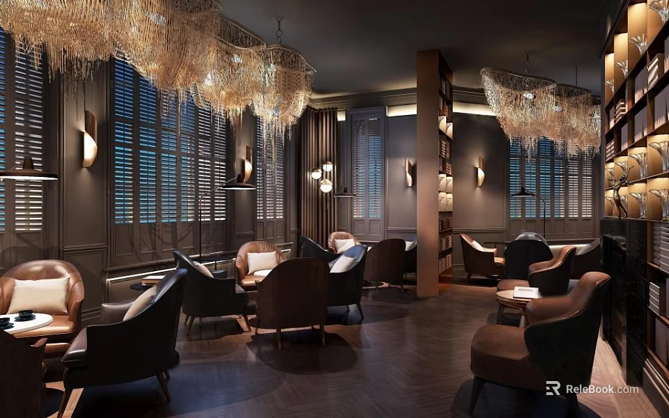 Elegant Luxurious Restaurant Interior With Hanging Chandeliers And Comfortable Leather Seats 3d model 