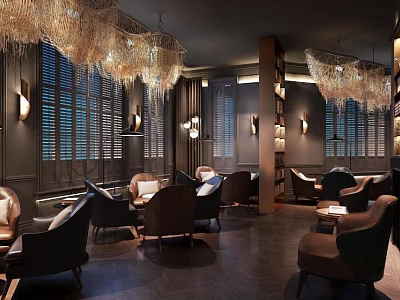 Elegant Luxurious Restaurant Interior With Hanging Chandeliers And Comfortable Leather Seats 3d model