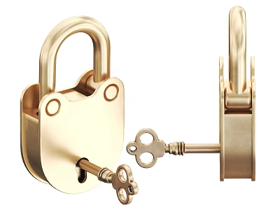 Brass Padlock With Vintage Key And Shiny Metal Security Design 3d model