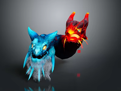 Two Headed Mythical Dragon Creature With Blue Ice And Red Flame Features 3d model