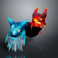 Two Headed Mythical Dragon Creature With Blue Ice And Red Flame Features