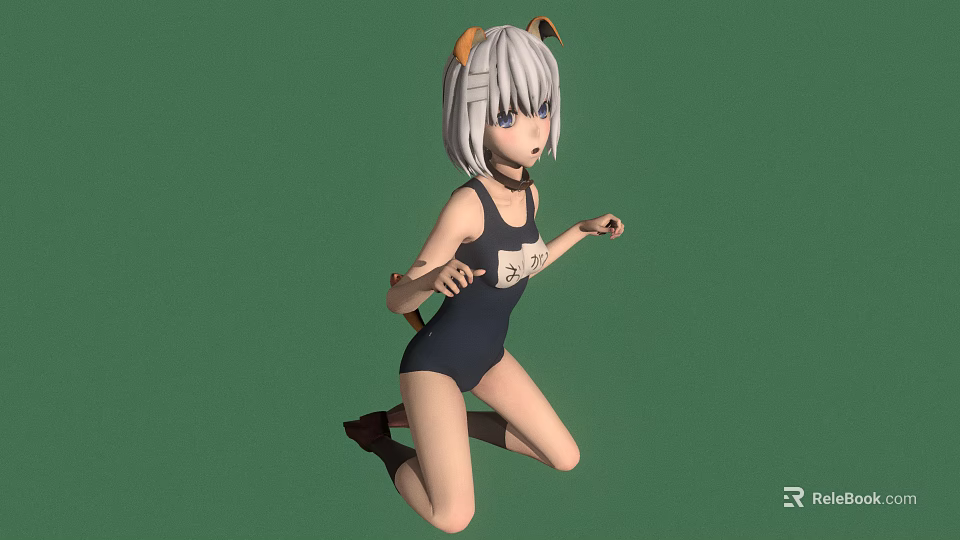 Anime Style Character With Cat Ears Tail And Short White Hair Kneeling On Green Background 3d model 