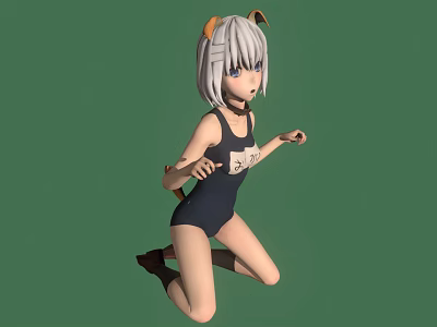 Anime Style Character With Cat Ears Tail And Short White Hair Kneeling On Green Background 3d model