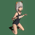 Anime Style Character With Cat Ears Tail And Short White Hair Kneeling On Green Background