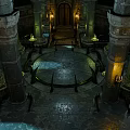 Ancient Stone Temple Chamber with Tall Columns Steps and Burning Torches