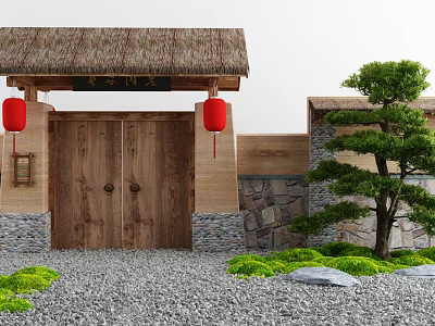 Traditional Wooden Entrance Gate With Thatched Roof Red Lanterns Stone Wall And Pine Tree 3d model