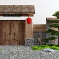 Traditional Wooden Entrance Gate With Thatched Roof Red Lanterns Stone Wall And Pine Tree