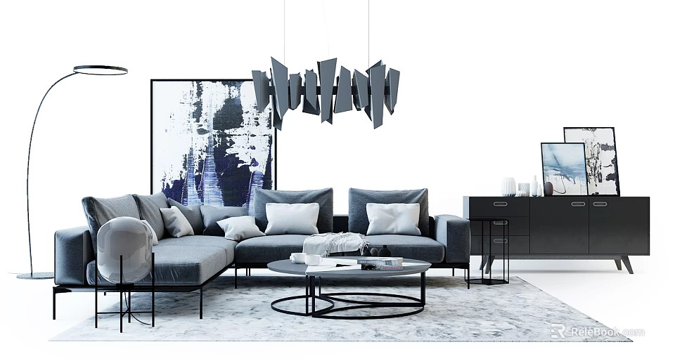 Modern Gray Sofa And Round Coffee Table Set With Pillows And Pendant Light 3d model