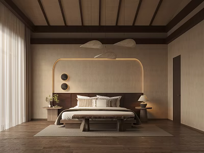 Modern Bedroom Interior Design With Wooden Bed And Pendant Lights 3d model