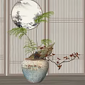 Bonsai Potted Plant With Green Foliage Red Flowers In Ceramic Pot Against Blue Striped Screen
