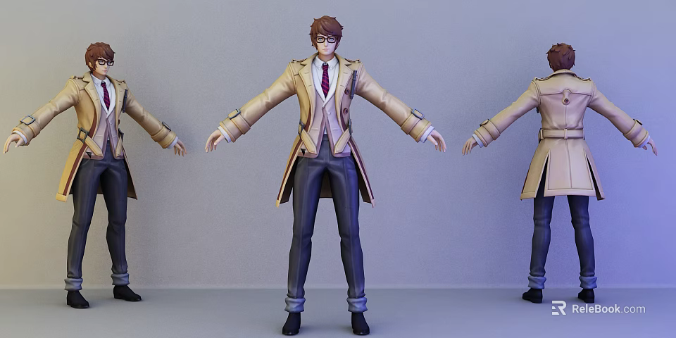 Game Movie Character 3D Model in Beige Trench Coat Vest Tie Dark Pants Black Shoes 3d model 