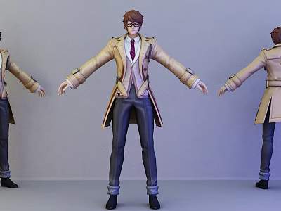 Game Movie Character 3D Model in Beige Trench Coat Vest Tie Dark Pants Black Shoes 3d model