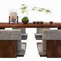 Elegant Wooden Tea Table and Upholstered Chairs with Green Plants and Tea Sets