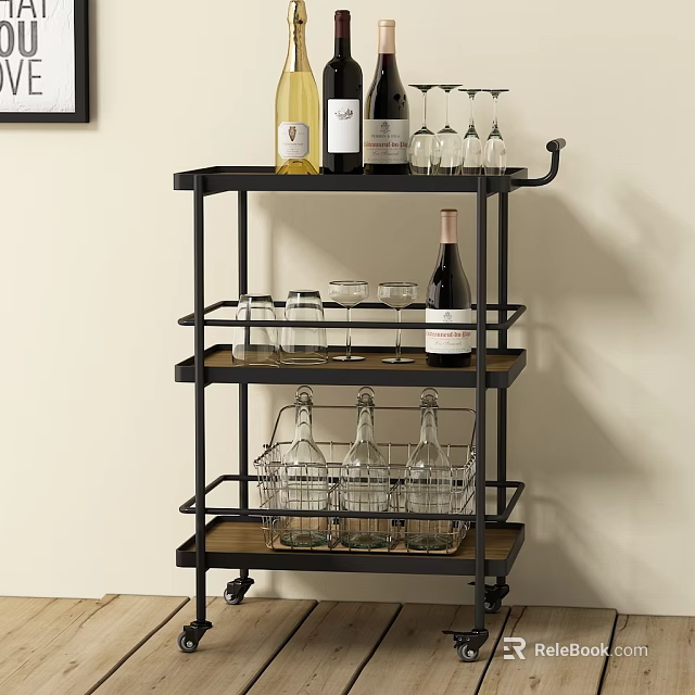 Multi tier Rolling Kitchen Storage Rack with Metal Wood Shelves Holding Wine Bottles and Glasses 3d model 