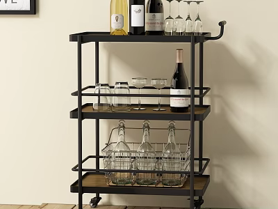 Multi tier Rolling Kitchen Storage Rack with Metal Wood Shelves Holding Wine Bottles and Glasses 3d model