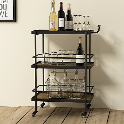 Multi tier Rolling Kitchen Storage Rack with Metal Wood Shelves Holding Wine Bottles and Glasses 3d model