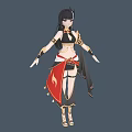 A Woman In Black And Gold Outfit With Long Black Hair And Red Accents